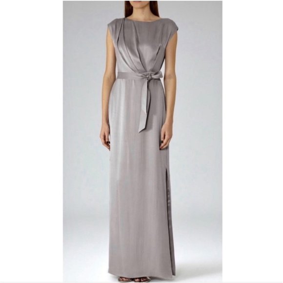 Reiss Hera Gray Tie Waist 100% Silk Maxi Dress with Side Slit - Picture 1 of 8